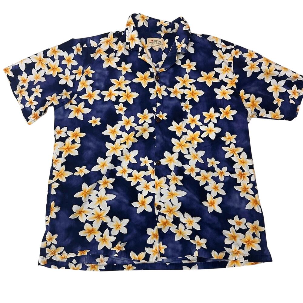 Royal Hawaiian Creations Aloha Shirt Men's XL Blue Plumeria Floral